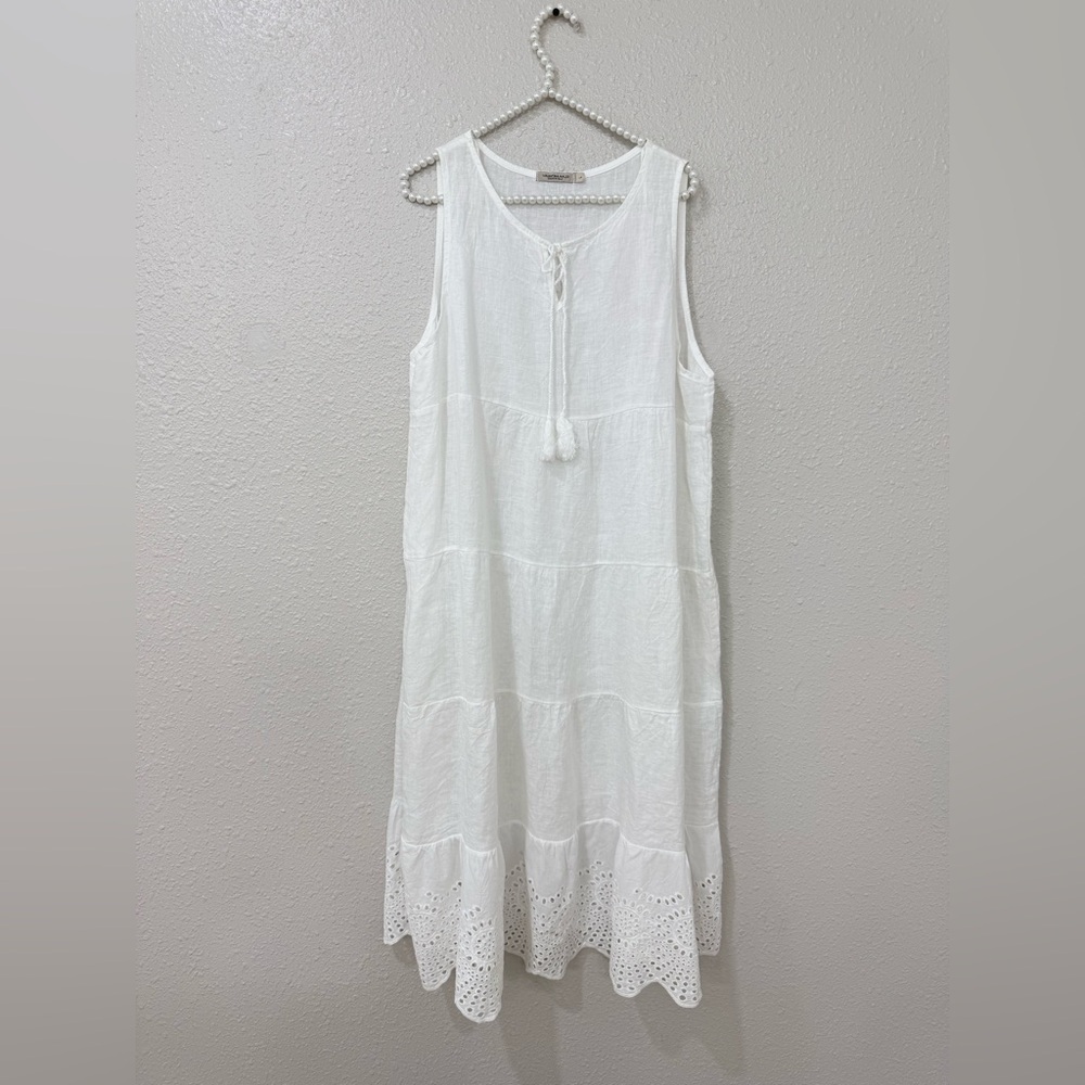 Valentina Naldi White Linen Dress L Made in Italy Boho Tiered Eyelet Midi